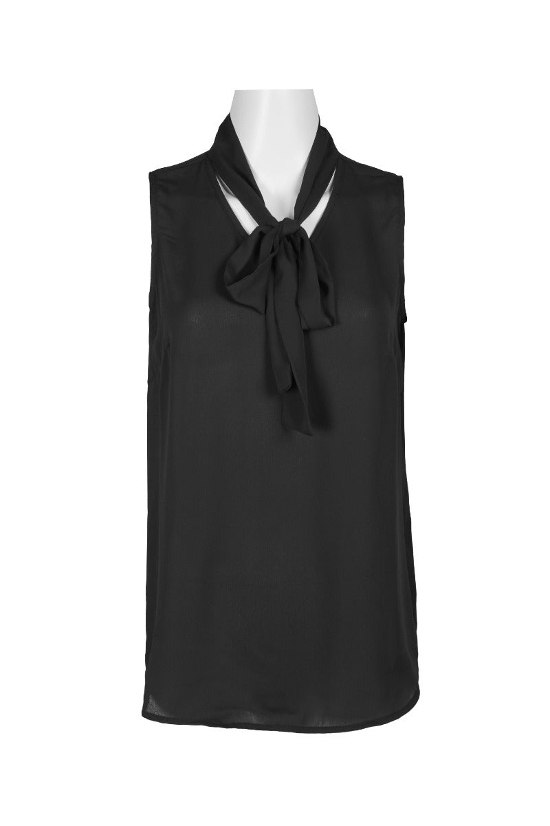 Adrianna Papell Tie Neck Sleeveless Solid Woven Poly Wash Crepe Top-BLACK / S